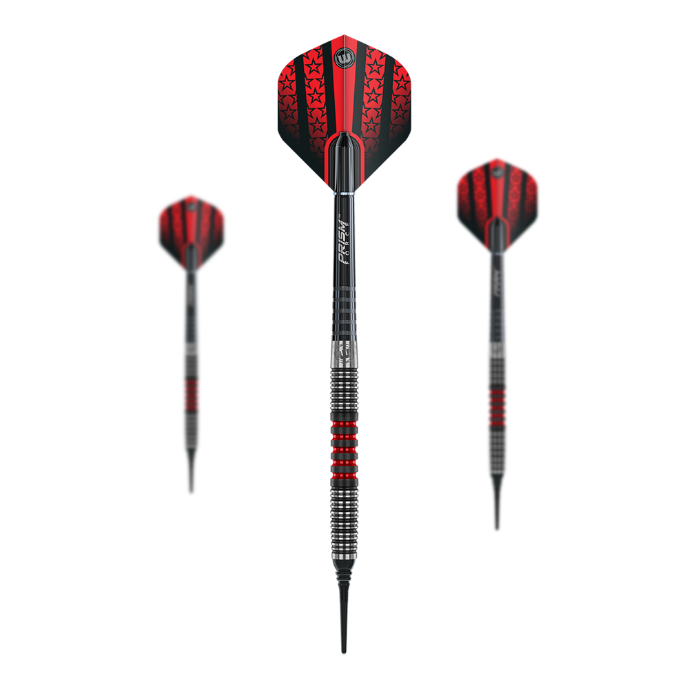 Das Bild zeigt drei Winmau Joe Cullen Softdarts mit roten und schwarzen Flights. Die Darts haben einen silbernen Schaft mit roten Akzenten und eine schwarze Spitze.